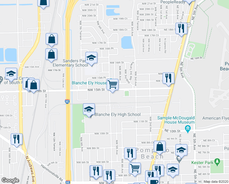 map of restaurants, bars, coffee shops, grocery stores, and more near 500 Northwest 15th Street in Pompano Beach