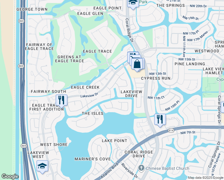 map of restaurants, bars, coffee shops, grocery stores, and more near 1125 Northwest 119th Avenue in Coral Springs
