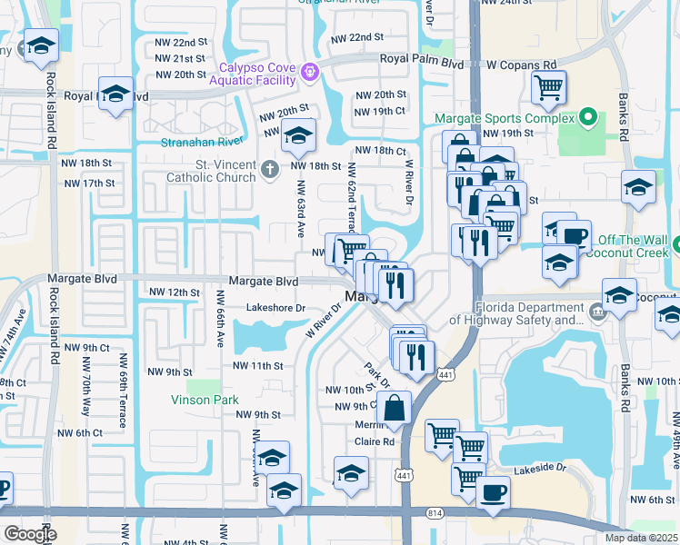 map of restaurants, bars, coffee shops, grocery stores, and more near 1403 Northwest 62nd Terrace in Margate