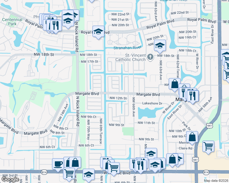 map of restaurants, bars, coffee shops, grocery stores, and more near 6805 Margate Boulevard in Margate