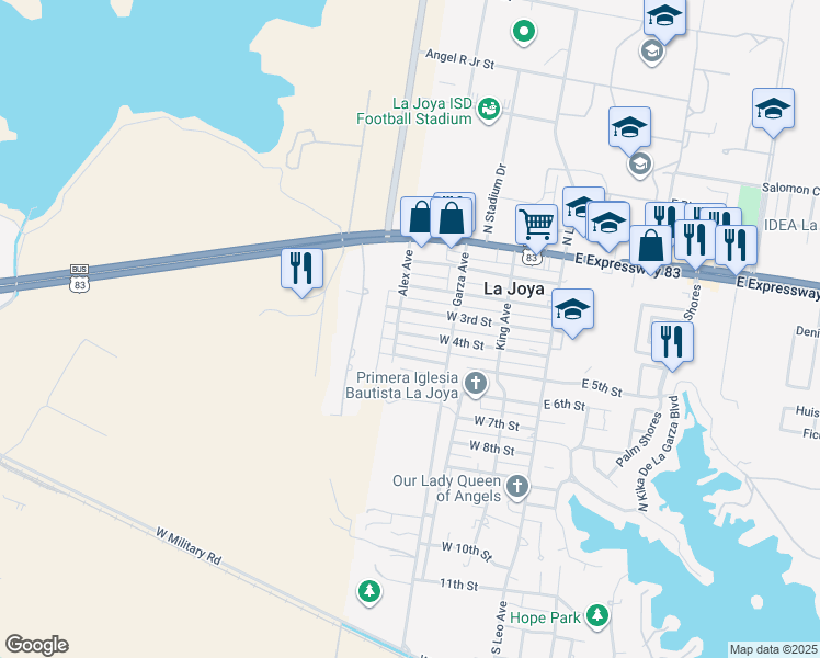 map of restaurants, bars, coffee shops, grocery stores, and more near 336 W 4th St in La Joya