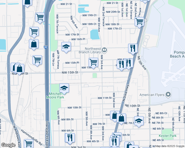 map of restaurants, bars, coffee shops, grocery stores, and more near 1477 Northwest 3rd Way in Pompano Beach