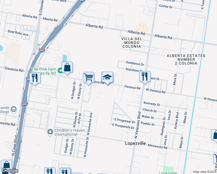 map of restaurants, bars, coffee shops, grocery stores, and more near 1000 East Owassa Road in Pharr