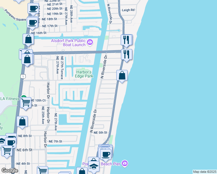 map of restaurants, bars, coffee shops, grocery stores, and more near 12 Northeast 8th Court in Pompano Beach