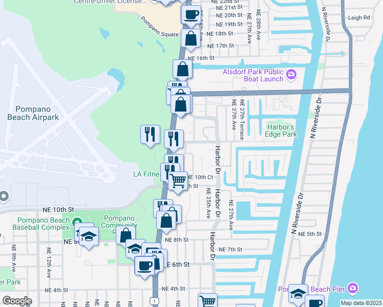 map of restaurants, bars, coffee shops, grocery stores, and more near 1161 Northeast 24th Avenue in Pompano Beach