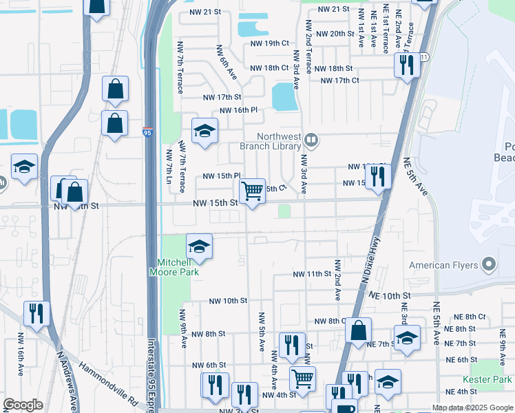 map of restaurants, bars, coffee shops, grocery stores, and more near 500 Northwest 15th Street in Pompano Beach