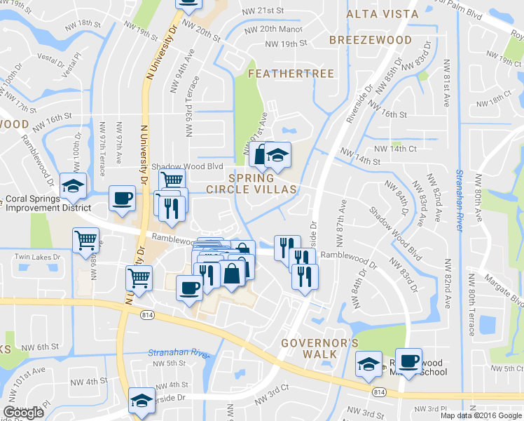 map of restaurants, bars, coffee shops, grocery stores, and more near 1222 Northwest 89th Drive in Coral Springs