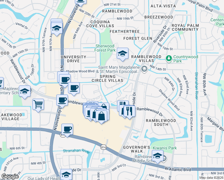 map of restaurants, bars, coffee shops, grocery stores, and more near 1222 Northwest 89th Drive in Coral Springs