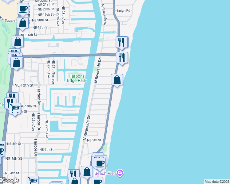 map of restaurants, bars, coffee shops, grocery stores, and more near 812 North Ocean Boulevard in Pompano Beach