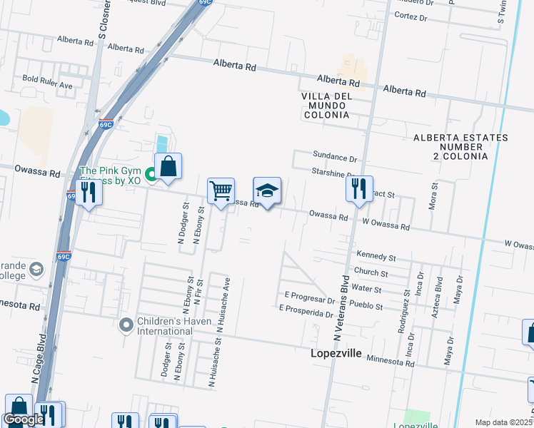 map of restaurants, bars, coffee shops, grocery stores, and more near 1000 East Owassa Road in Pharr