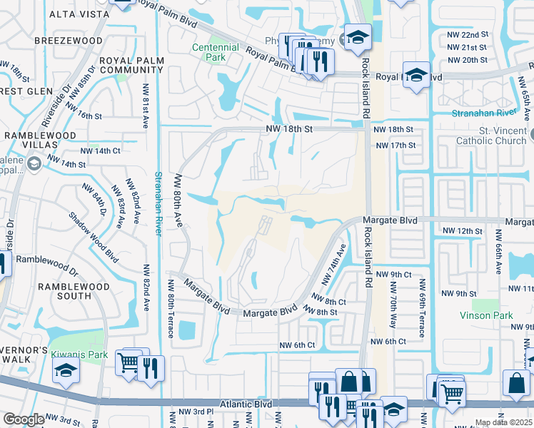 map of restaurants, bars, coffee shops, grocery stores, and more near 8000 Margate Boulevard in Margate
