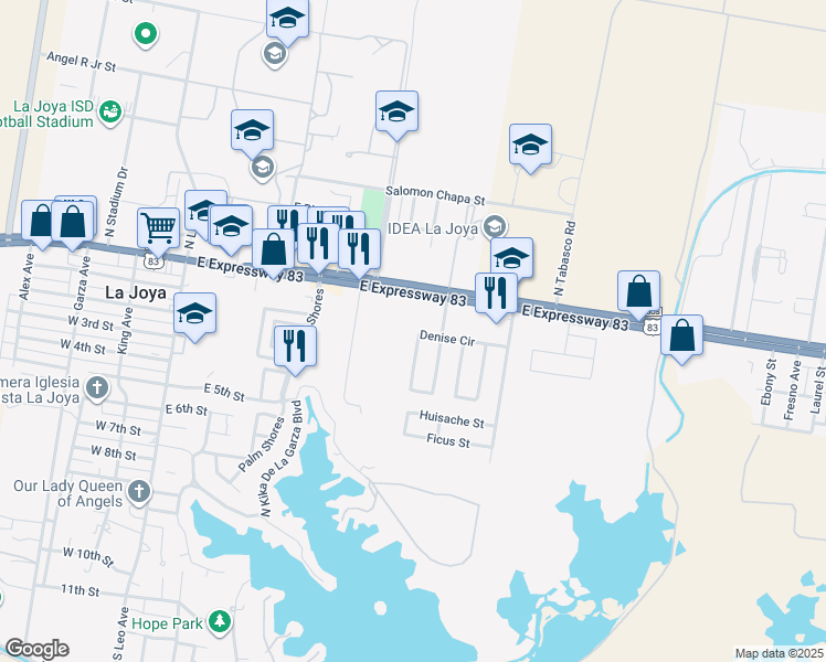 map of restaurants, bars, coffee shops, grocery stores, and more near 701 Denise Circle in La Joya