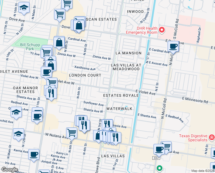 map of restaurants, bars, coffee shops, grocery stores, and more near 201 Water Lily Avenue in McAllen