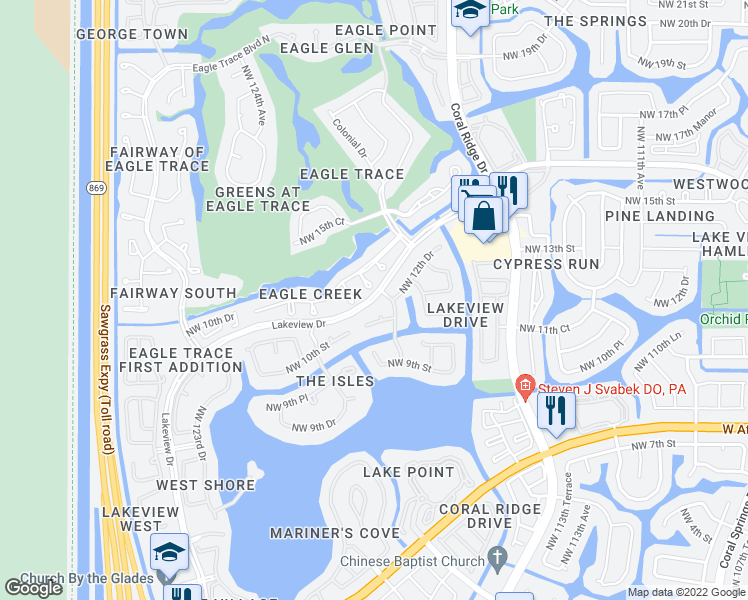 map of restaurants, bars, coffee shops, grocery stores, and more near Lakeview Drive in Coral Springs