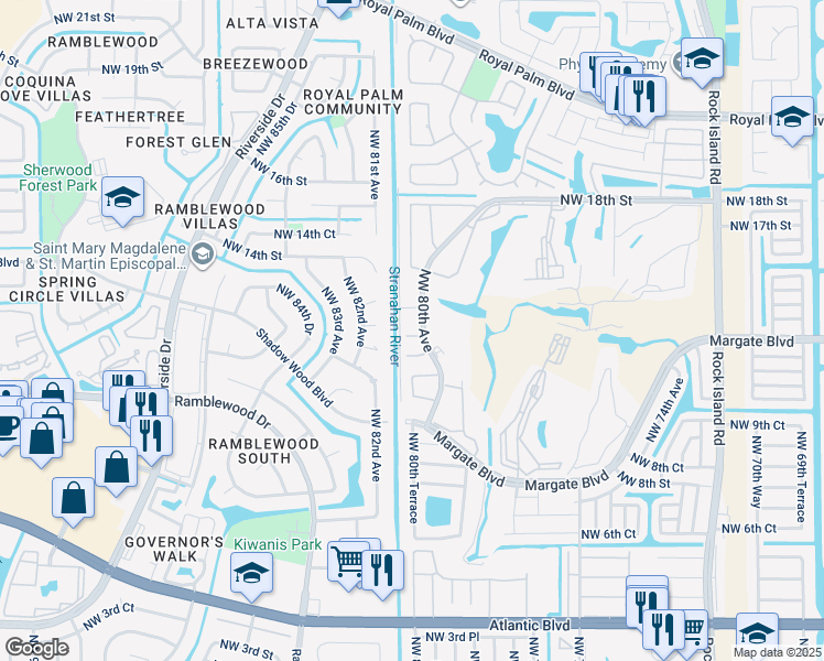 map of restaurants, bars, coffee shops, grocery stores, and more near 8091 Northwest 13th Street in Margate