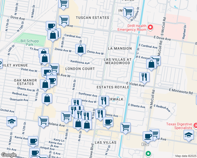 map of restaurants, bars, coffee shops, grocery stores, and more near 201 Water Lilly Avenue in McAllen