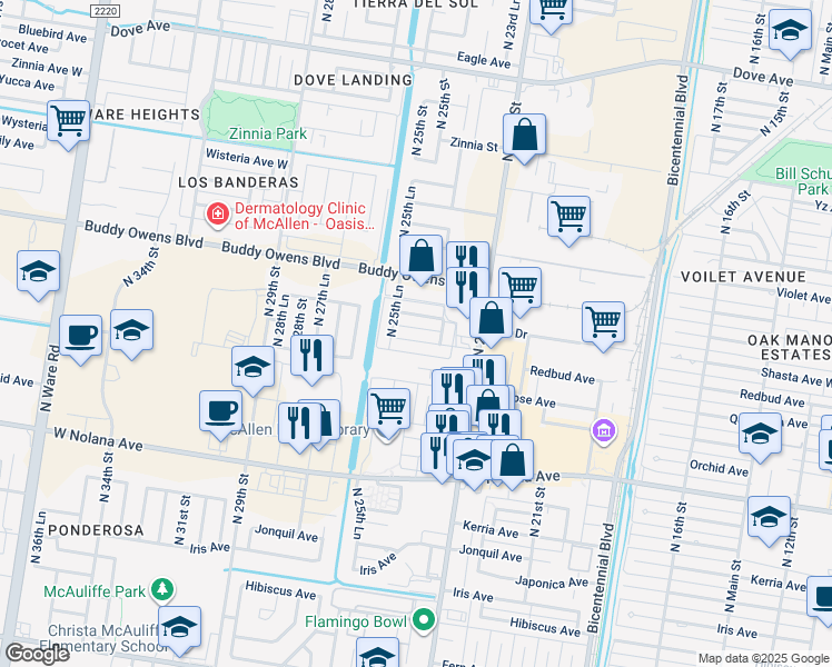 map of restaurants, bars, coffee shops, grocery stores, and more near 2500 Redbud Avenue in McAllen