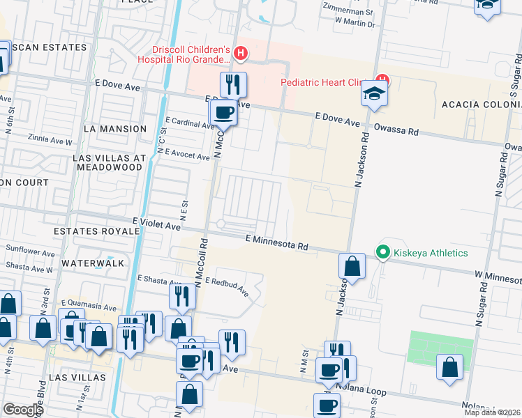 map of restaurants, bars, coffee shops, grocery stores, and more near East Palm Street in McAllen