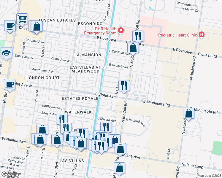 map of restaurants, bars, coffee shops, grocery stores, and more near 417 East Water Lilly Avenue in McAllen