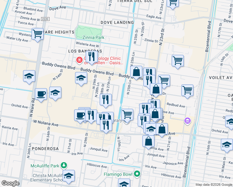 map of restaurants, bars, coffee shops, grocery stores, and more near 4312 North 27th Street in McAllen