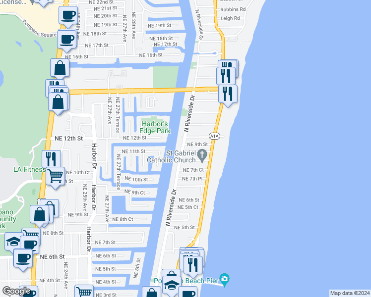 map of restaurants, bars, coffee shops, grocery stores, and more near in Pompano Beach