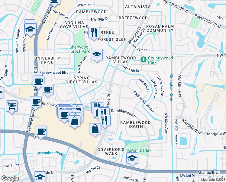 map of restaurants, bars, coffee shops, grocery stores, and more near 1225 Riverside Drive in Coral Springs