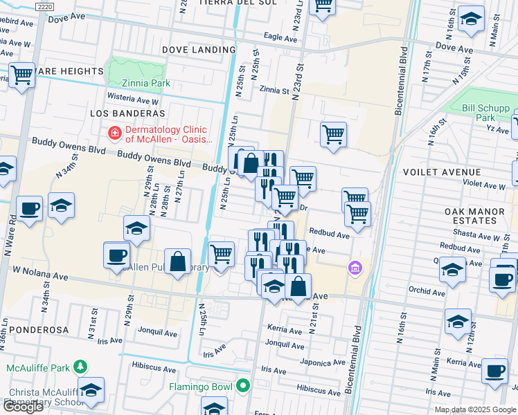 map of restaurants, bars, coffee shops, grocery stores, and more near 4400 North 24th Lane in McAllen