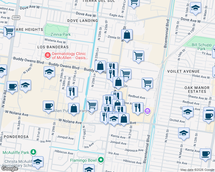 map of restaurants, bars, coffee shops, grocery stores, and more near 4404 North 24th Lane in McAllen