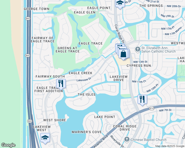 map of restaurants, bars, coffee shops, grocery stores, and more near 12052 Glenmore Drive in Coral Springs