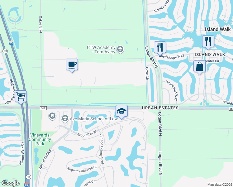 map of restaurants, bars, coffee shops, grocery stores, and more near 5780 English Oaks Lane in Naples
