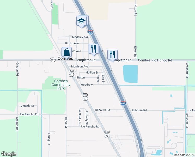 map of restaurants, bars, coffee shops, grocery stores, and more near 210 Lime Dr in Harlingen