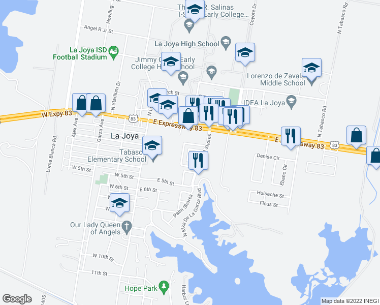 map of restaurants, bars, coffee shops, grocery stores, and more near 502 2nd Street in La Joya