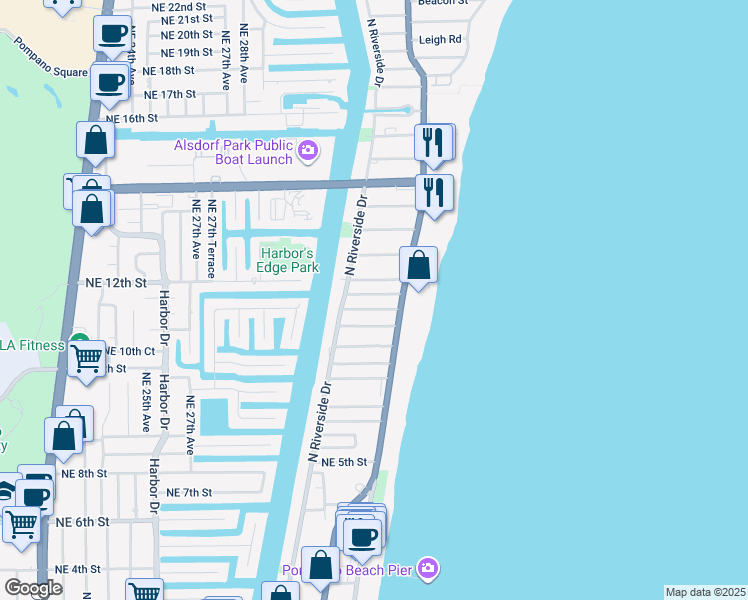 map of restaurants, bars, coffee shops, grocery stores, and more near 12 Northeast 8th Court in Pompano Beach