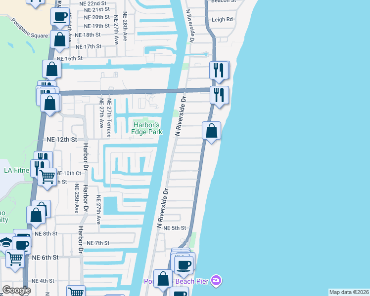 map of restaurants, bars, coffee shops, grocery stores, and more near in Pompano Beach