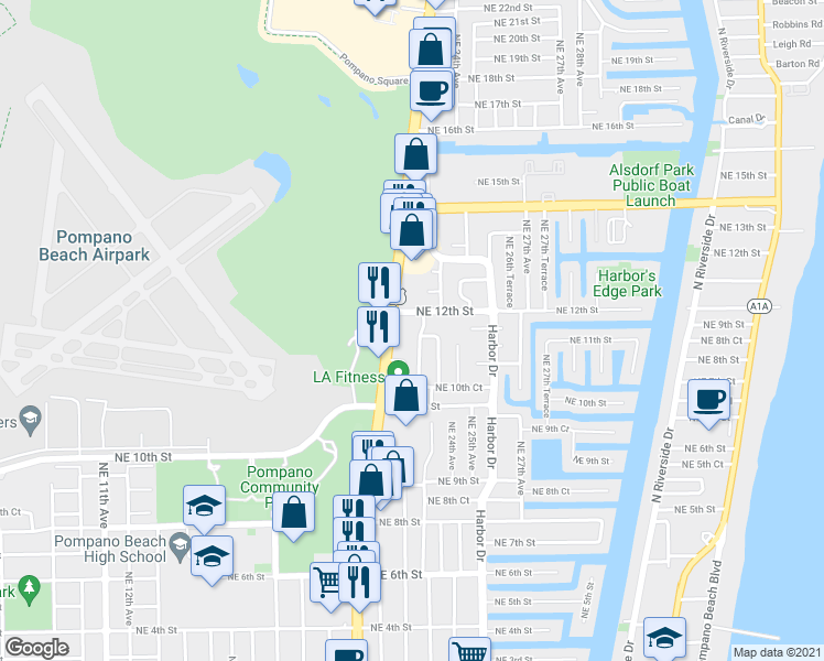 map of restaurants, bars, coffee shops, grocery stores, and more near 1161 Northeast 24th Avenue in Pompano Beach