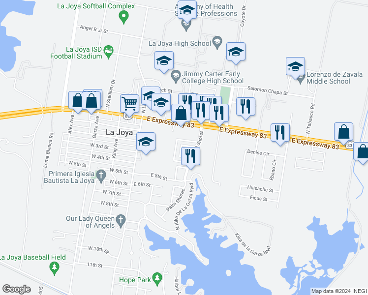 map of restaurants, bars, coffee shops, grocery stores, and more near 216 South Coyote Avenue in La Joya