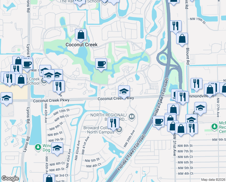 map of restaurants, bars, coffee shops, grocery stores, and more near 1107 Bahama Bend in Coconut Creek