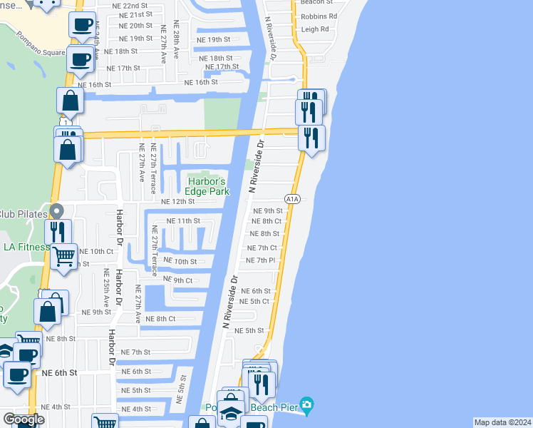 map of restaurants, bars, coffee shops, grocery stores, and more near 3212 Northeast 9th Street in Pompano Beach