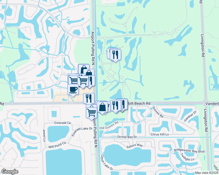 map of restaurants, bars, coffee shops, grocery stores, and more near 2605 Estrella Drive in Naples
