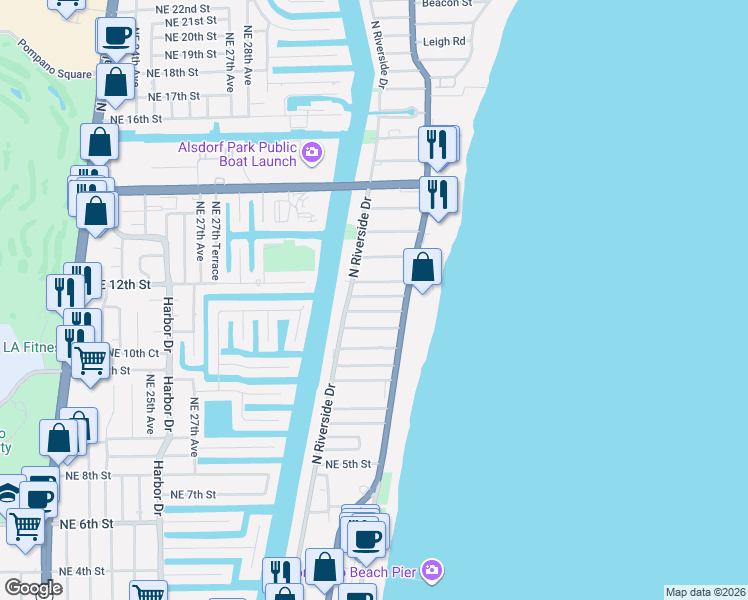 map of restaurants, bars, coffee shops, grocery stores, and more near in Pompano Beach