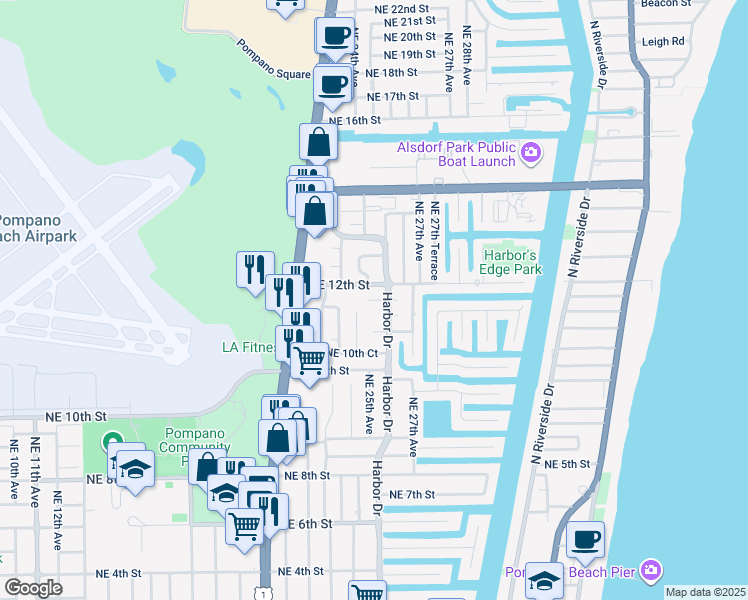 map of restaurants, bars, coffee shops, grocery stores, and more near 1160 Northeast 25th Avenue in Pompano Beach