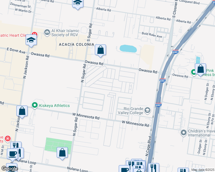 map of restaurants, bars, coffee shops, grocery stores, and more near Klaus in Pharr