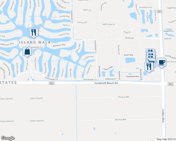 map of restaurants, bars, coffee shops, grocery stores, and more near 3377 Cayman Lane in Naples
