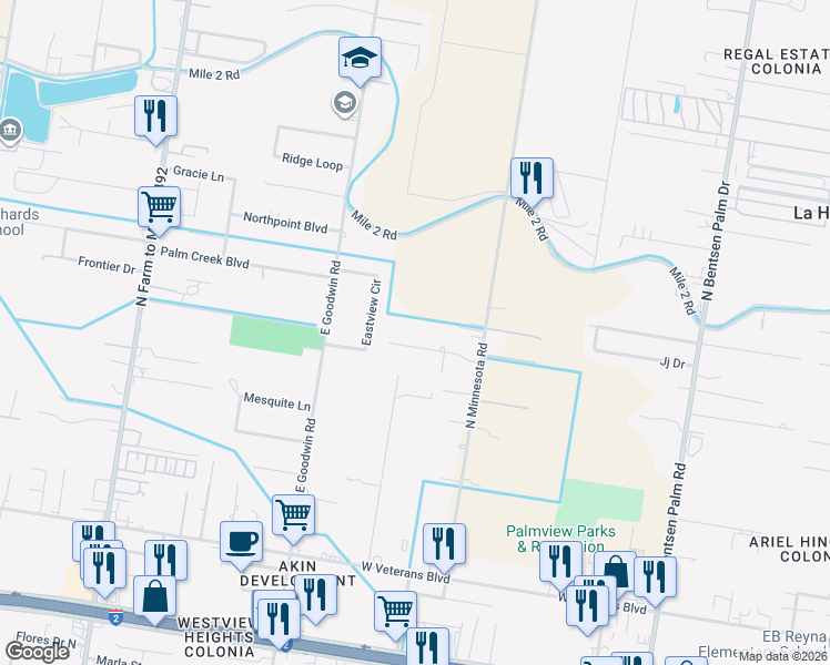 map of restaurants, bars, coffee shops, grocery stores, and more near 1006 El Jardin Drive in Palmview