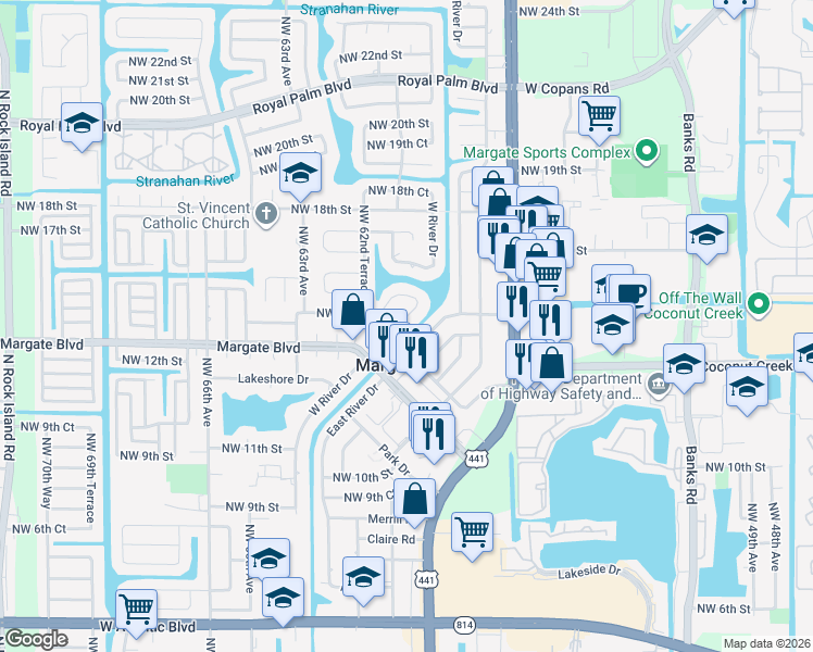 map of restaurants, bars, coffee shops, grocery stores, and more near 1530 West River Drive in Margate