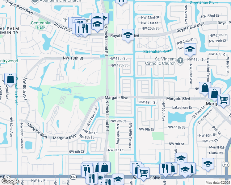 map of restaurants, bars, coffee shops, grocery stores, and more near 1390 Northwest 70th Lane in Margate