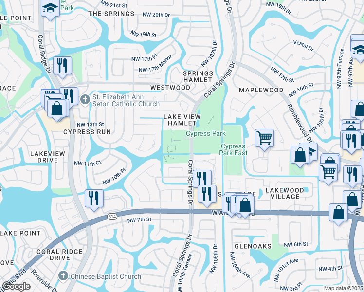 map of restaurants, bars, coffee shops, grocery stores, and more near 1300 Coral Springs Drive in Coral Springs