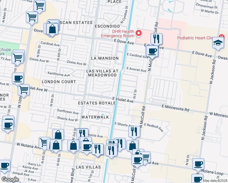 map of restaurants, bars, coffee shops, grocery stores, and more near 301 East Violet Avenue in McAllen
