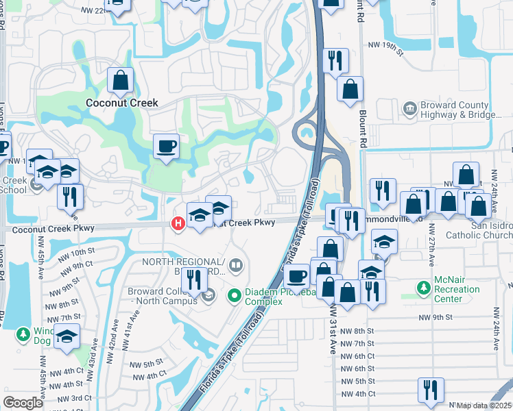 map of restaurants, bars, coffee shops, grocery stores, and more near 3401 Coconut Creek Parkway in Coconut Creek