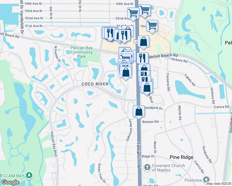 map of restaurants, bars, coffee shops, grocery stores, and more near 200 Lambiance Circle in Naples
